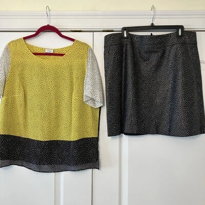 Akris Punto 16 码纳帕皮裙,匹配丝绸衬衫,黑色、黄色、白色 — 第 1/4 张图片