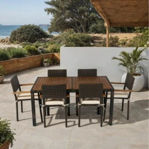 7 piece Outdoor Patio Set Patio Wicker Furniture Acacia Wood Top Brown Wicker - Picture 1 of 16