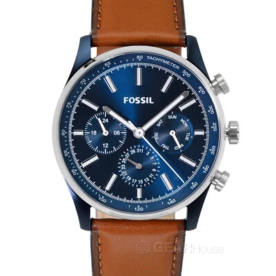 Reloj multifunción FOSSIL Sullivan para hombre, esfera azul día fecha correa de cuero marrón Foto 1 de 4