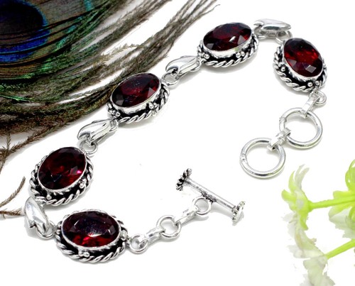 VALENTINO Bracciale in argento sterling 925 con pietre preziose granate del Mozambico fatto a mano S 7 8"