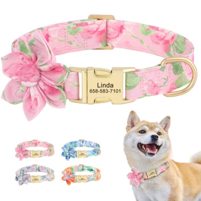 Personalized Flower Dog Collar Name Tag Engraved Heavy Duty Small Medium Large - Image 1 of 4