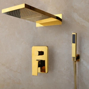 Goldener Duschwasserhahn Set Regen & Wasserfall Kopf Handspray Wandhalterung Mixer Wasserhahn - Bild 1 von 10