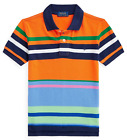 RALPH LAUREN Big Boys Polo Shirt M 10-12 Striped Cotton Mesh! Orange Blue