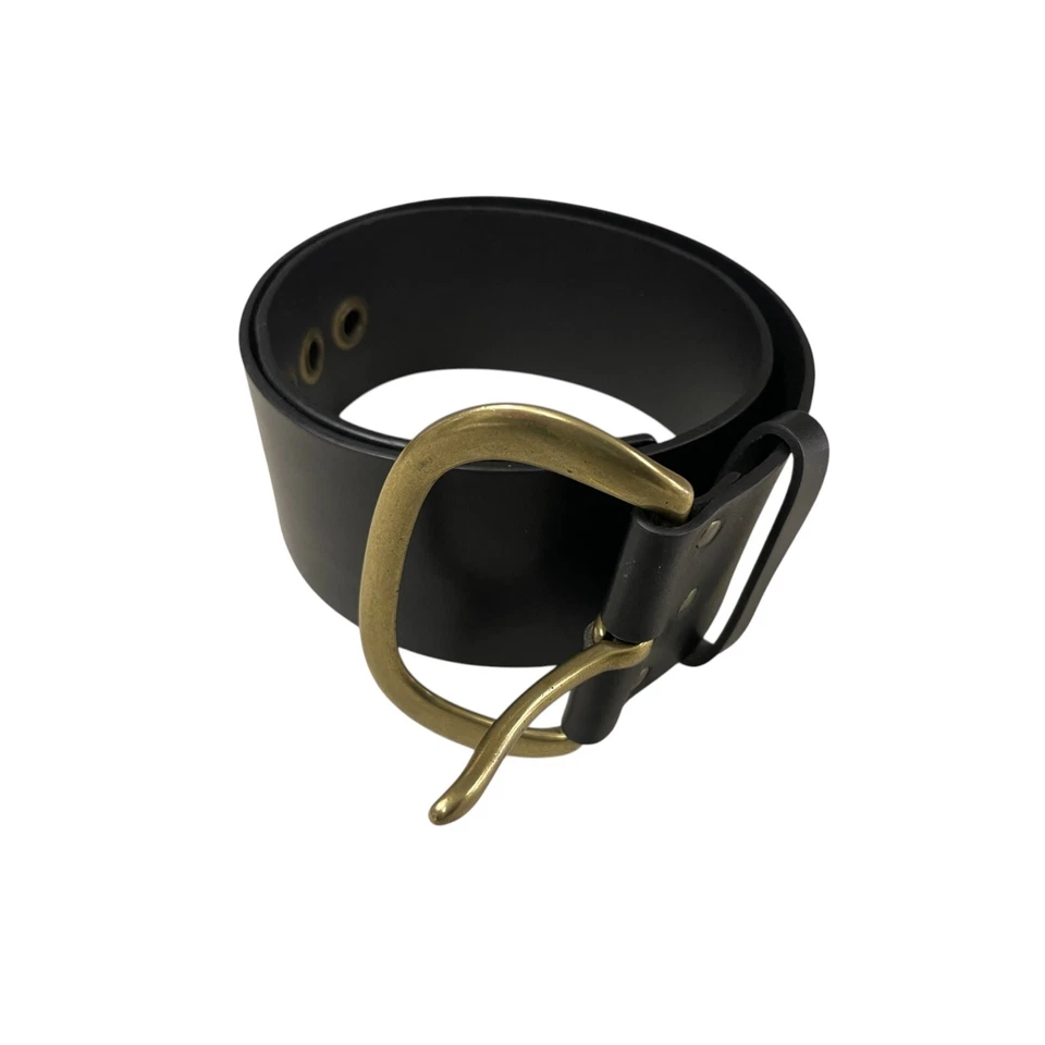 Frye Vintage Belt Black Flat Leather Antiqued Gold Tone Buckle Inspired Boho - Image 1 of 4