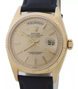 Mens Rolex Day-Date 1803 Solid 18K Yellow Gold Watch Champagne Dial Black Band - Picture 1 of 7
