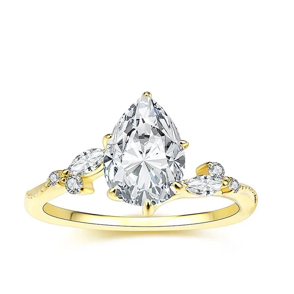 2ct Yellow Gold Ring Pear Cut Lab-Created Diamond Test Pass VVS1/D/Excellent 6.5 - Image 1 of 4