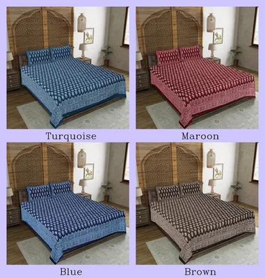 Indien Coton Drap de Lit Avec 2 Housse Oreiller Indien Buti Design Double Drap - Photo 1/2