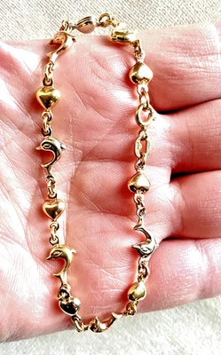 Unique DOLPHIN HEARTS Tri Color 18k GOLD Bracelet Made in ITALY 7.5" 6.6g - Image 1 of 4