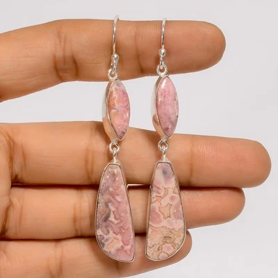Natural Rhodochrosite Gemstone 925 Silver Handmade Dangle Earrings 2.8" ARE-5893 - Image 1 of 3