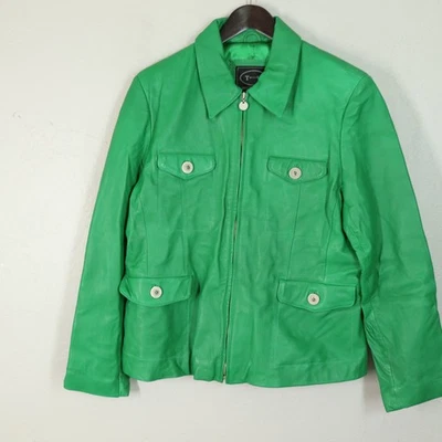 Vtg Tannery West Biker Jacket Women XL Green Leather Lined Pockets Zip - Image 1 of 4