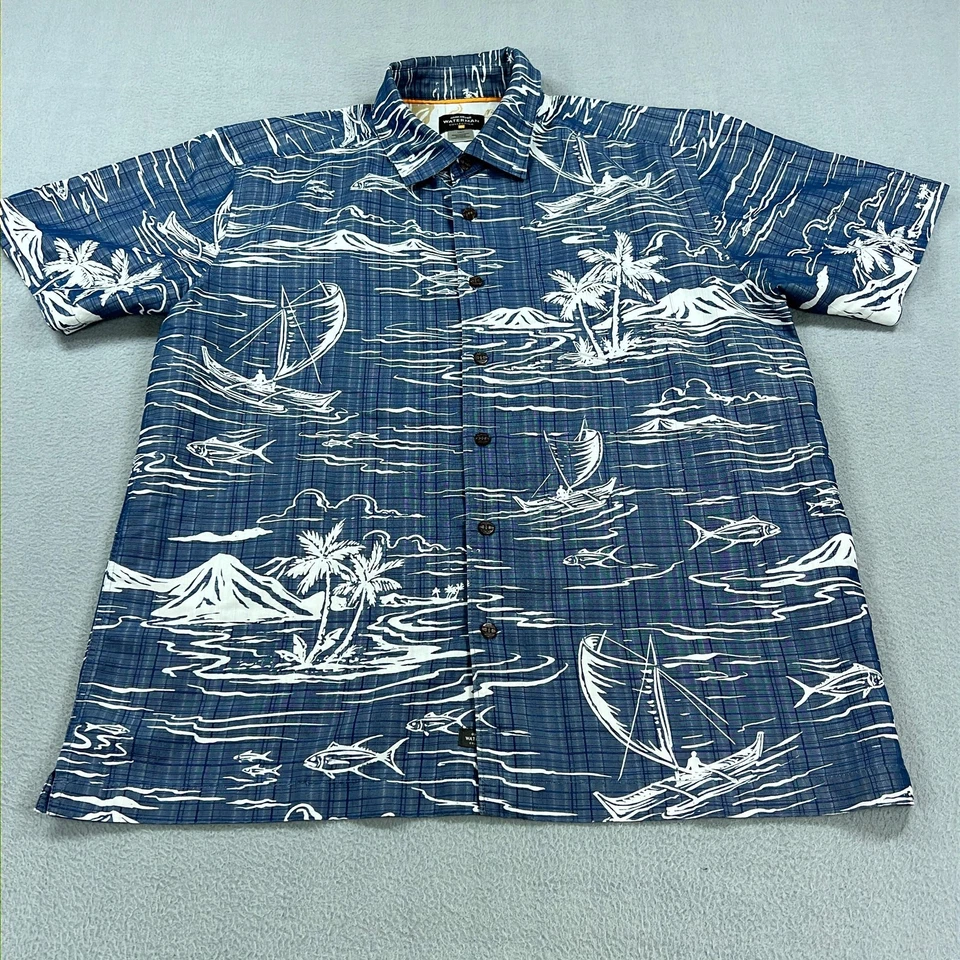 Camisa Quiksilver Waterman Para Hombres Grande Azul Hawaiano Aloha Palm Boats Estampado Campamento Foto 1 de 4