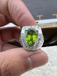 Natural Peridot Gemstone 14k White Gold Ring For Men's #0534 - Picture 1 of 7