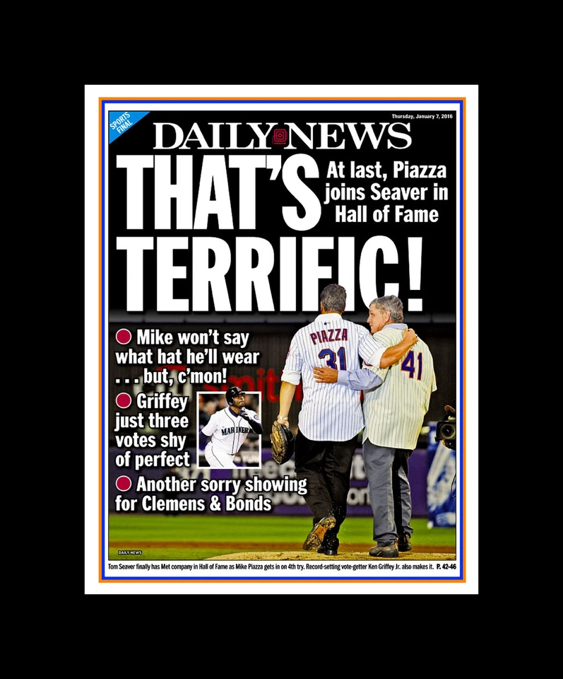 NEW YORK METS MIKE PIAZZA MATTED PHOTO OF HALL OF FAME NEWSPAPER WITH TOM SEAVER - Image 1 of 1