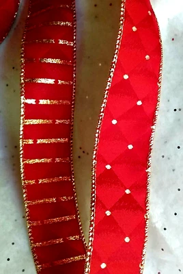 Christmas Red 1.5" by 5 yds Double-sided Satin Wired Ribbon Diamond Gold Accent - Image 1 of 4