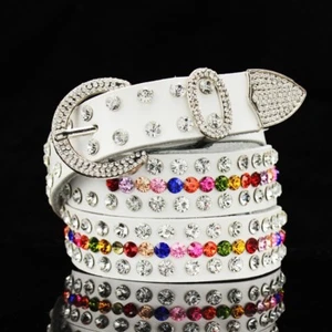 Dama Cuero Genuino Multicolor Cristal Diamante Cinturón Cintura Ancha Faja Moda - Imagen 1 de 5