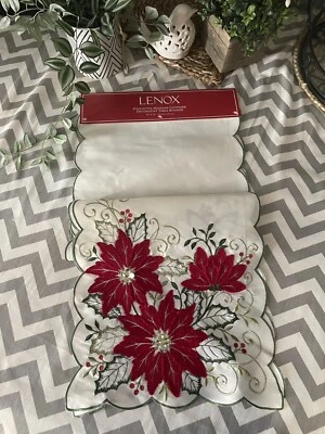LENOX Red /Ivory “Poinsettia Meadow” Embroidered Sequin Holiday Christmas Runner - Image 1 of 4