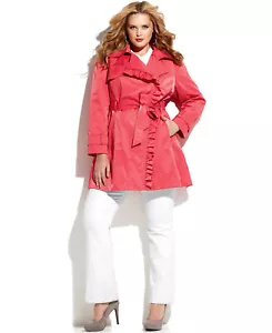 Gabardina nueva con etiquetas-Jessica Simpson ~Talla 1X~ Volantes Cinturón Talla Grande $200 Minorista - Imagen 1 de 4