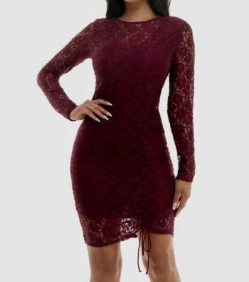 Vestido ceñido al cuerpo acanalado de encaje vino tinto Bebe para mujer talla XS Foto 1 de 4