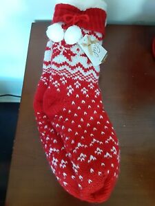 Women's Snowflake Knit Sherpa Lined Slipper Socks with Grippers, Red, One Size