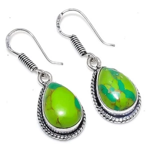 Green Turquoise Gemstone Handmade 925 Sterling Silver Jewelry Earring Size 1.50" - Picture 1 of 1