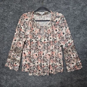 Lucky Brand Top Womens XL Gray Pink Floral Sparkle Boho Prairie Peasant - Picture 1 of 11