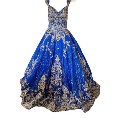 Blue Gold Quinceanera Dress Sweet 15 16 Party Pageant Beaded Ball Gown Sz 8 M - Image 1 of 4