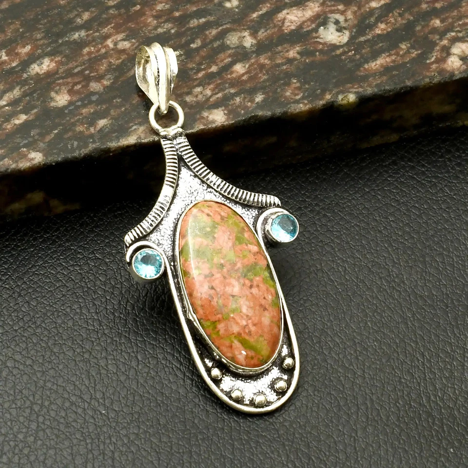 Colgante étnico hecho a mano de piedras preciosas de topacio azul Unakita regalo 2,8" AP-42271 Foto 1 de 1