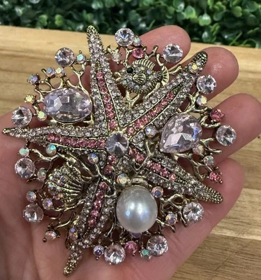 Moda Estrella de Mar Rosa Estrás Cristal Perla Tono Dorado Broche Prendedor Colgante Foto 1 de 4