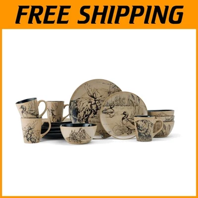 Juego de cena de gres duradero de 16 piezas con estampado de animales para amantes de la naturaleza Foto 1 de 4