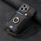 Men's Leather Card Holder Wallet Case +Ring Hand Starp Cover For iPhone/Galaxy
