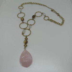 Avon Pendant Necklace Pink Rose Quartz Gold Chainlink Faceted Teardrop Beaded - Picture 1 of 4