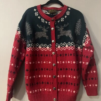 Suéter tejido de lana Eddie Bauer años 90 vintage lana rojo y verde ciervo y árbol para mujer S. Foto 1 de 4