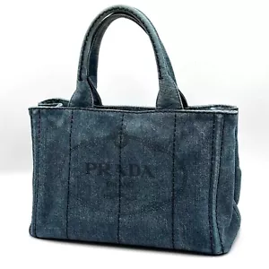 PRADA Tote Bag Canapa Denim Indigo Bule Authentic - Picture 1 of 24