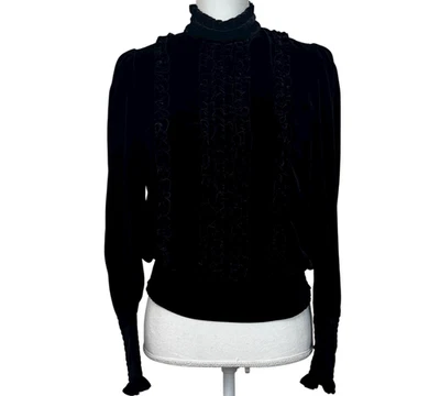 Blusa Top MARCO Mujer Talla XS Terciopelo Negro Volantes Manga Bishop Victoriana Foto 1 de 4