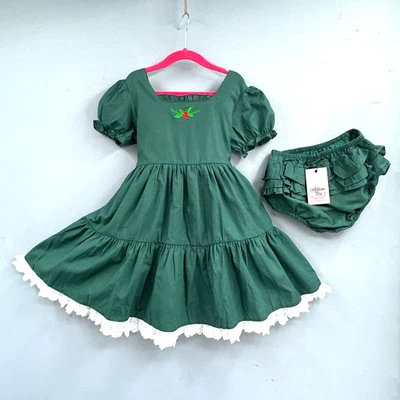 Vestido Addison Rays Pradera Niña Bloomers Talla 7-8Y Verde Rojo Manga Abullonada Navidad Foto 1 de 4