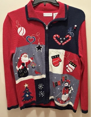 Suéter de Navidad para Mujer Talla Grande Blanco Ciervo Cremallera Cuello Frontal Bordado Rojo Foto 1 de 4