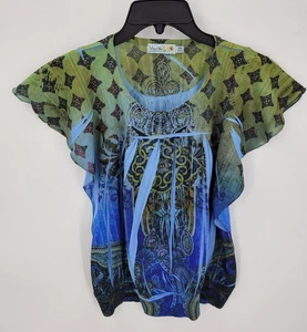 One World Unity Top Womens PM Blue Green Boho Print Beaded Flare Sleeve Artsy - Picture 1 of 6