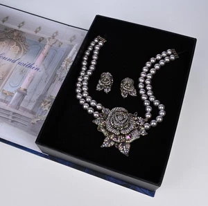 Heidi Daus Disney Beauty & the Beast Rose Pearl Crystal Necklace & Earrings Set - Picture 1 of 16
