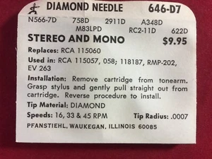 NOS PFANSTIEHL 646-DS7 STYLUS NEEDLE Replaces RCA 115060 Used In RCA 115057, RMP - Imagen 1 de 2