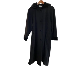 Forecaster of Boston Gorgeous wool Long Black Coat With Velvet Hood & cuffs 10 C - Picture 1 of 11