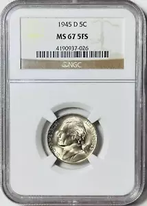 1945 D Nickel Jefferson NGC MS-67 5FS - Picture 1 of 2