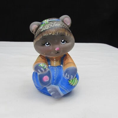 Fenton Crystal Satin OOAK Hand Painted Sitting Bear NIL W428 - Image 1 of 4