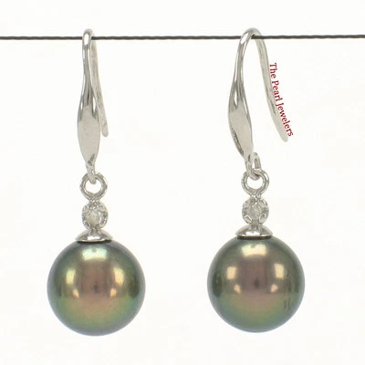 14K White Gold Black Round Pearl Hook Earrings with Diamonds - Image 1 of 2