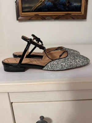 Gucci Silver Glitter/Patent Leather Double G Slingback Flats Size 6.5/37 Italy - Image 1 of 4