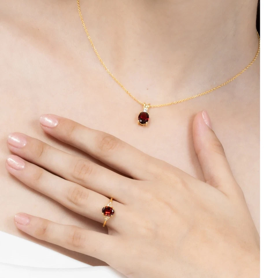 3CT Oval Cut Lab-Created Red Ruby Charm Pendant Ring Set 14K Yellow Gold Plated - Image 1 of 4