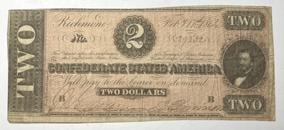 $2 Estados Confederados de América 1864 estado ciculado Foto 1 de 2