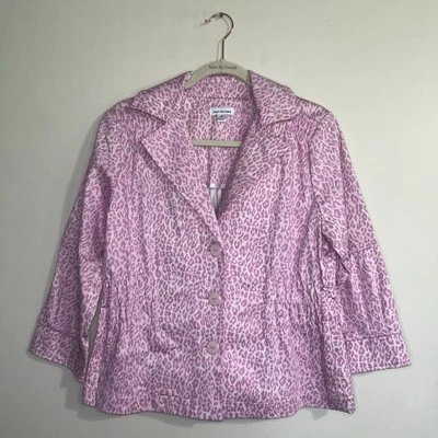 Chaqueta Joan Rivers Mujer’s M Rosa Leopardo Estampado Animal Manga Corta Cinchada 3/4 Foto 1 de 4