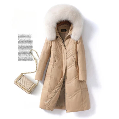 Women Real Fox Fur Collar Hooded Warm Down Jacket Mid Long Coat Overcoat Leather - Image 1 of 4