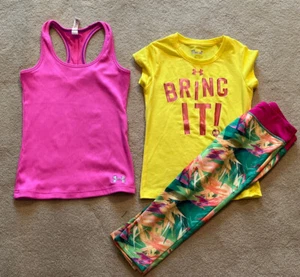 Under Armour Heatgeat Youth Girls YSM small leggings t-shirt 6 pink tank lot 3 - Picture 1 of 7