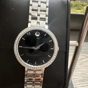 MOVADO KORA DAZZLING DIAMONDS SILVER, BLACK DIAL SWISS WATCH $1495 - Picture 1 of 9